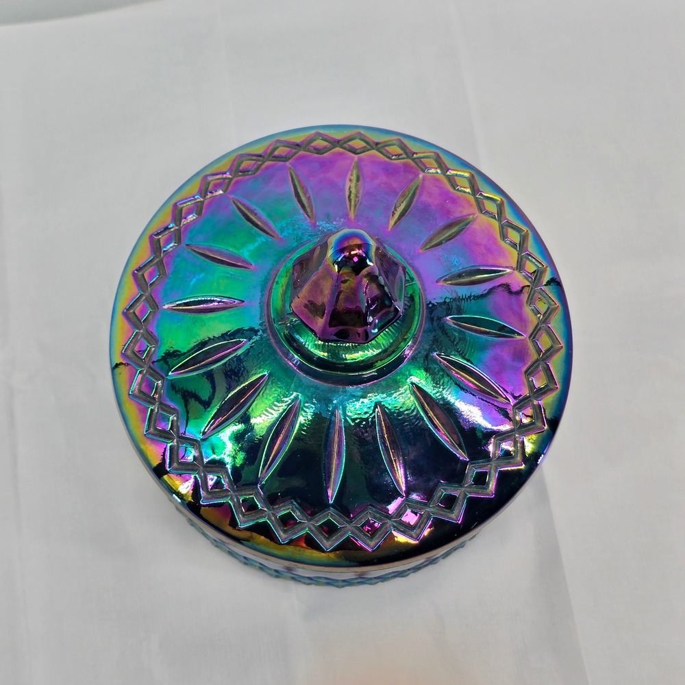 Vintage Iridescent Blue Carnival Glass Trinket Dish Lidded Candy Jar Oil Slick - Picture 2 of 9